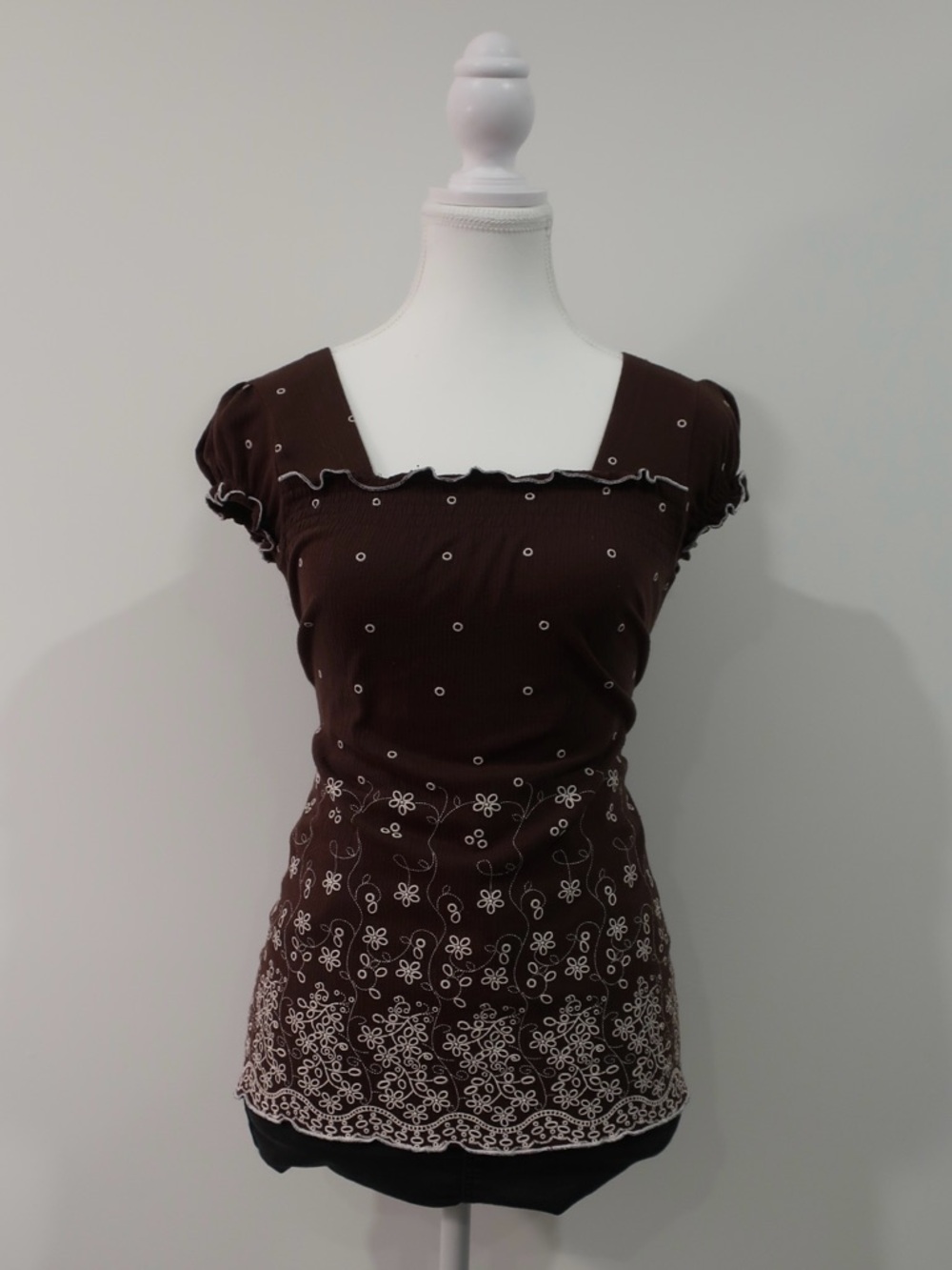 MIKK Couture Brown Cream Floral Embroidered Peplum Top Babydoll Coquette Y2K S